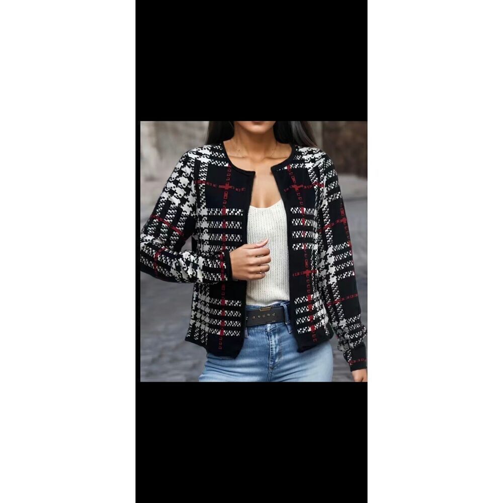 Plaid pattern contrast, trim, open front cardigan jacket